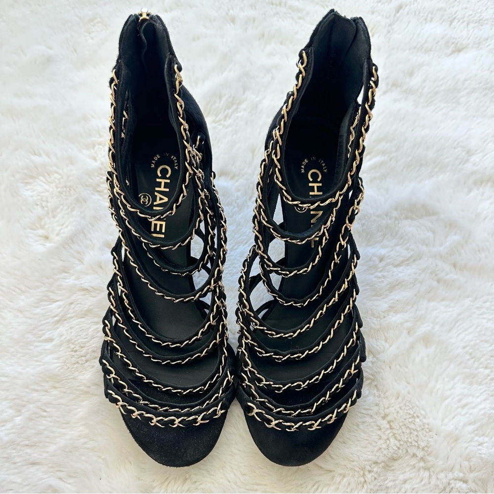 CHANEL Black Suede Gladiator Sandal Boots with Gold Chain Trim